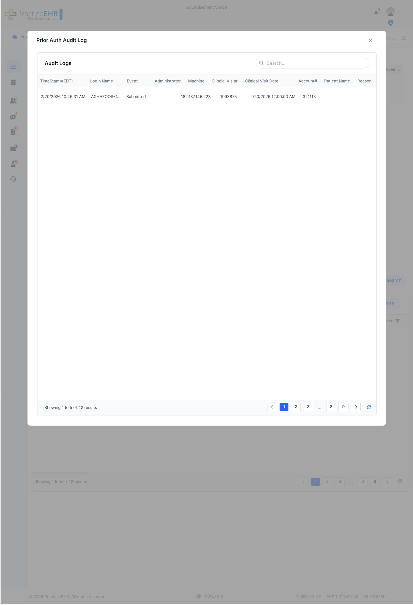 Gear icon menu showing the Audit Log option for a Prior Auth